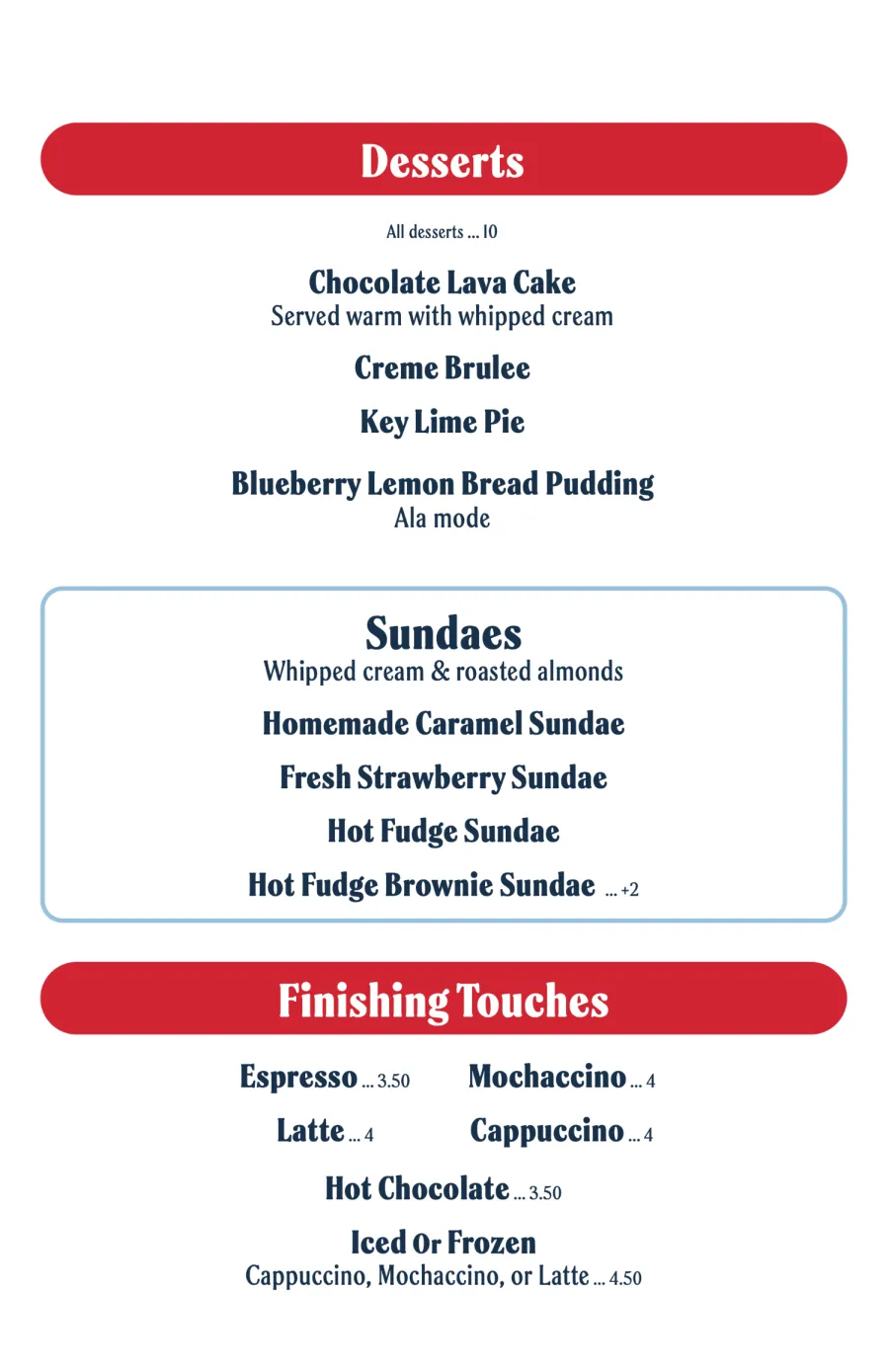 Dessert menu