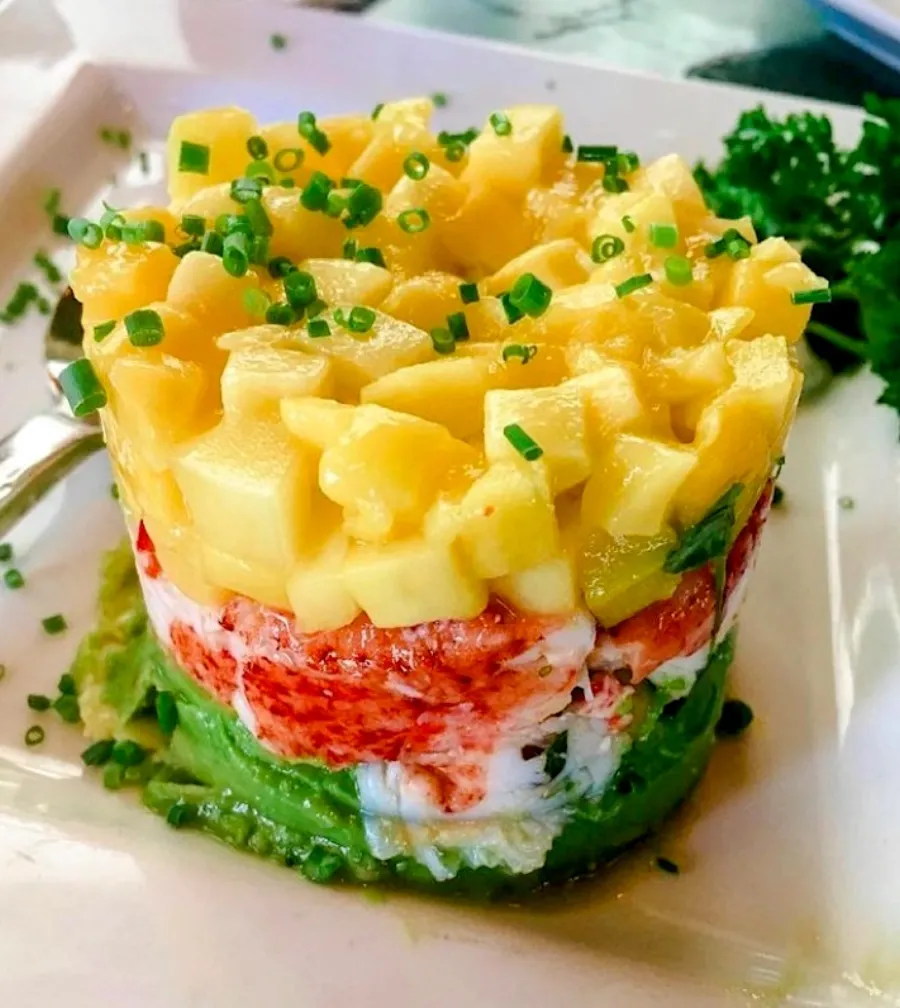 Layered lobster, avocado and mango stack