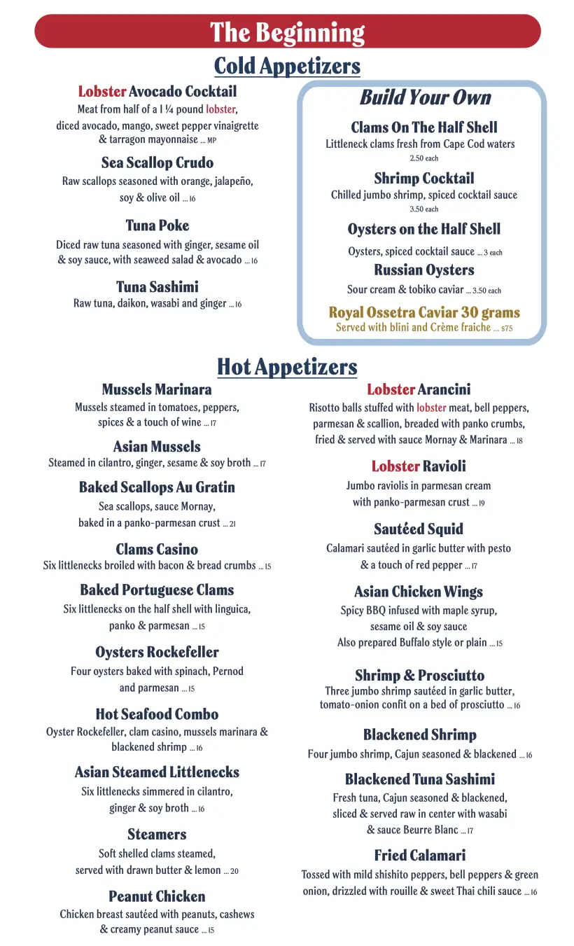 Menu page: The Beginning — cold and hot appetizers